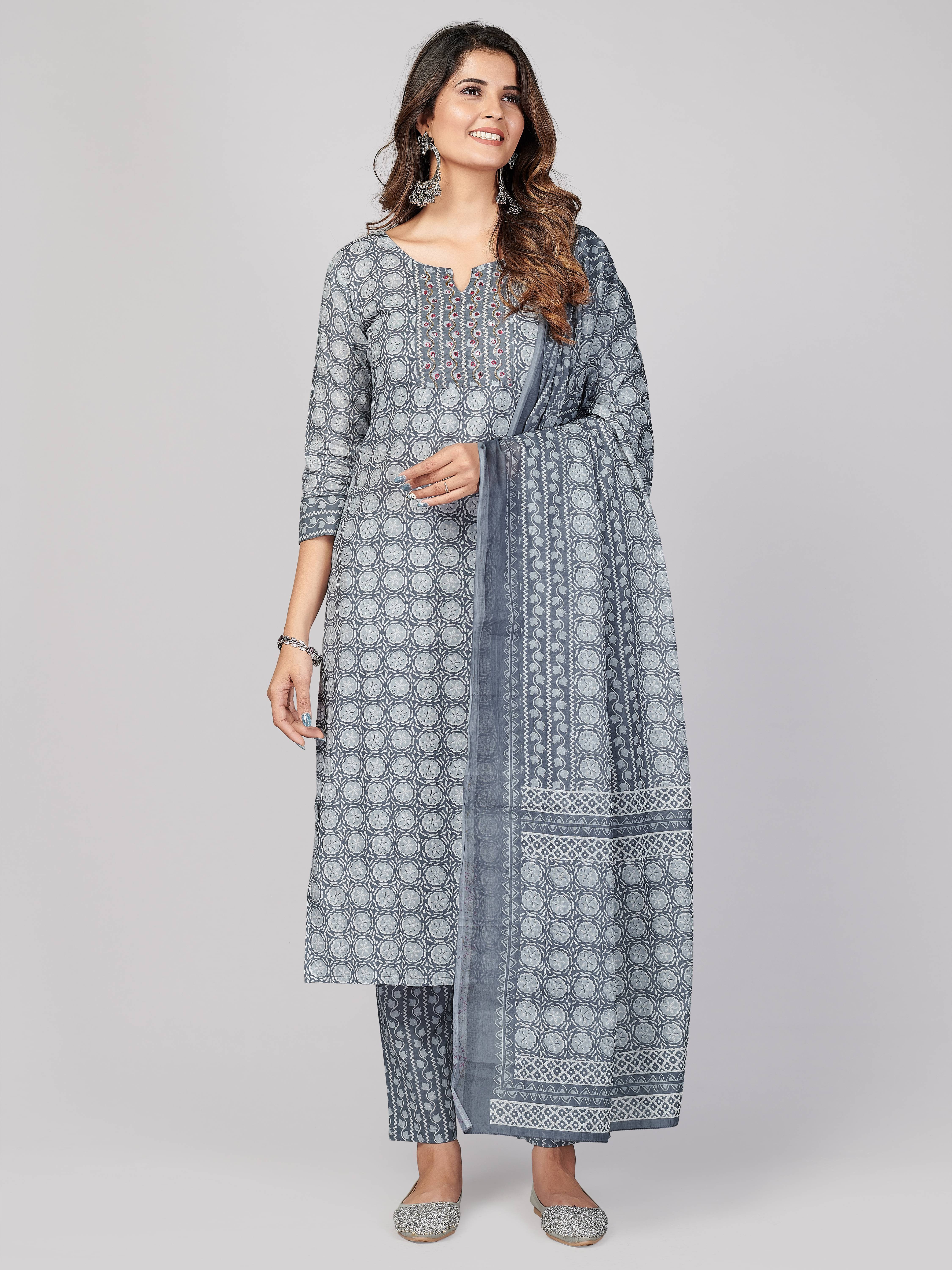 Vbuyz - Blue Straight Cotton Women's Stitched Salwar Suit ( Pack of 1 )     			Vbuyz - Blue Straight Cotton Women's Stitched Salwar Suit ( Pack of 1 )