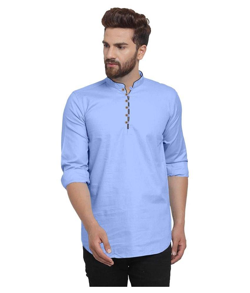 P&V CREATIONS - Sky Blue Cotton Men's Shirt Style Kurta ( Pack of 1 )     			P&V CREATIONS - Sky Blue Cotton Men's Shirt Style Kurta ( Pack of 1 )