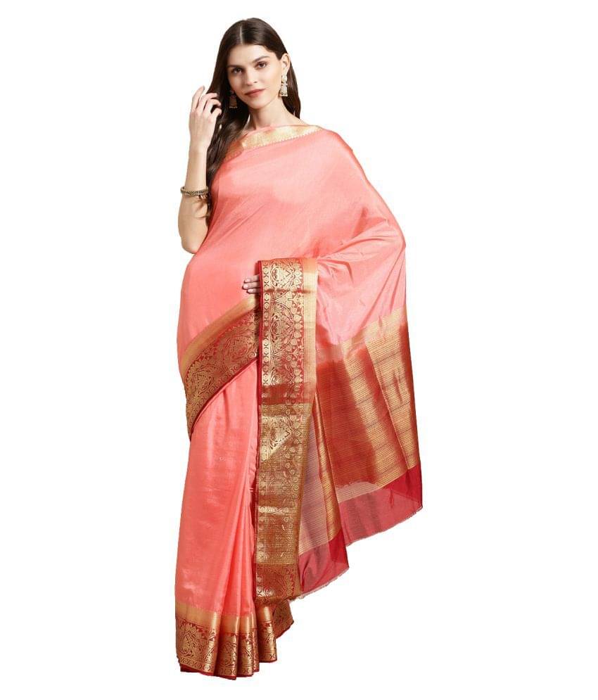 Shaily Retails Silk Blend Saree With Unstitched Blouse Piece ( Peach ) Shaily Retails Silk Blend Saree With Unstitched Blouse Piece ( Peach )