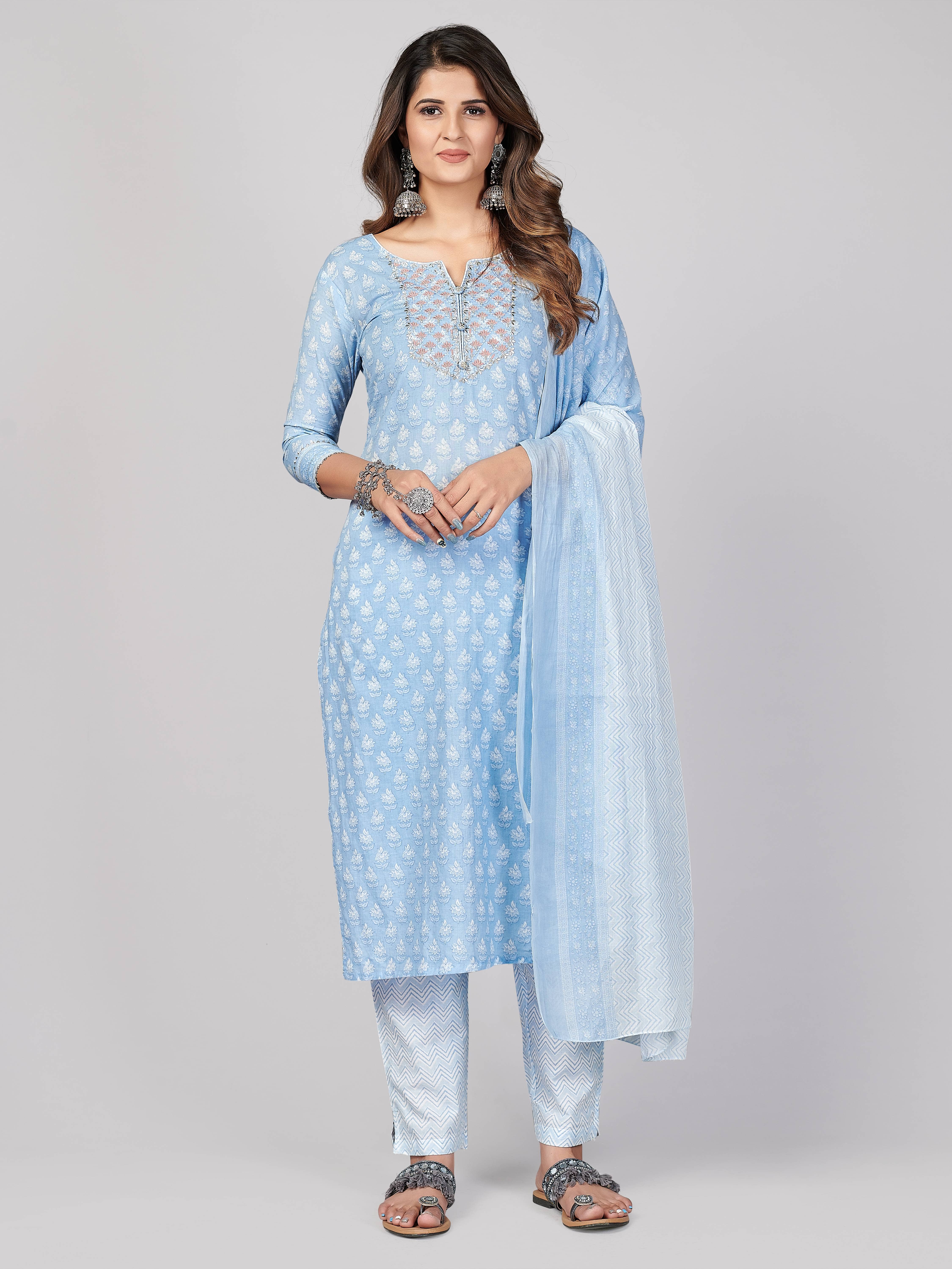 Vbuyz - Light Blue Straight Cotton Women's Stitched Salwar Suit ( Pack of 1 )