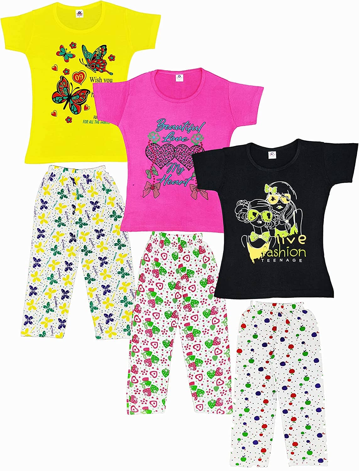 CRAZYON Pack of 3 Girls 100% Cotton Pyjama ( Multi )