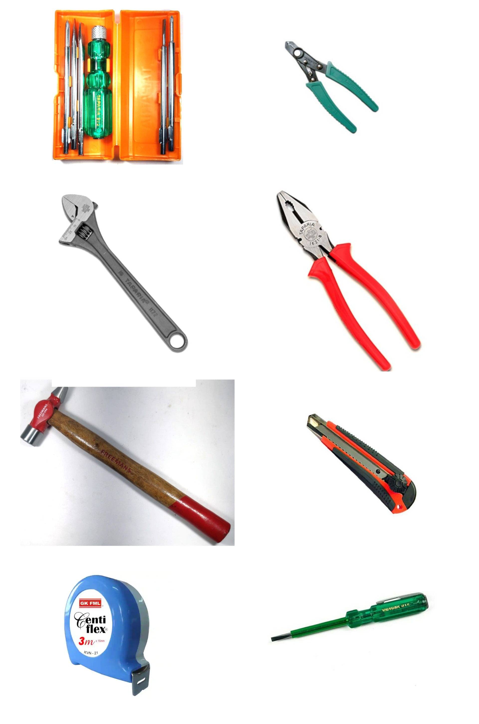 TAPARIA/FREEMAN Set of 8 Hand Tool Combo (TAPARIA Plier/Adjustable Wrench/5in1 Screw Driver Kit/Wire Stripper/Neon BulbTester/Snap off Cutter/ FREEMAN Measuring Tape/Hammer) TAPARIA/FREEMAN Set of 8 Hand Tool Combo (TAPARIA Plier/Adjustable Wrench/5in1 Screw Driver Kit/Wire Stripper/Neon BulbTester/Snap off Cutter/ FREEMAN Measuring Tape/Hammer)