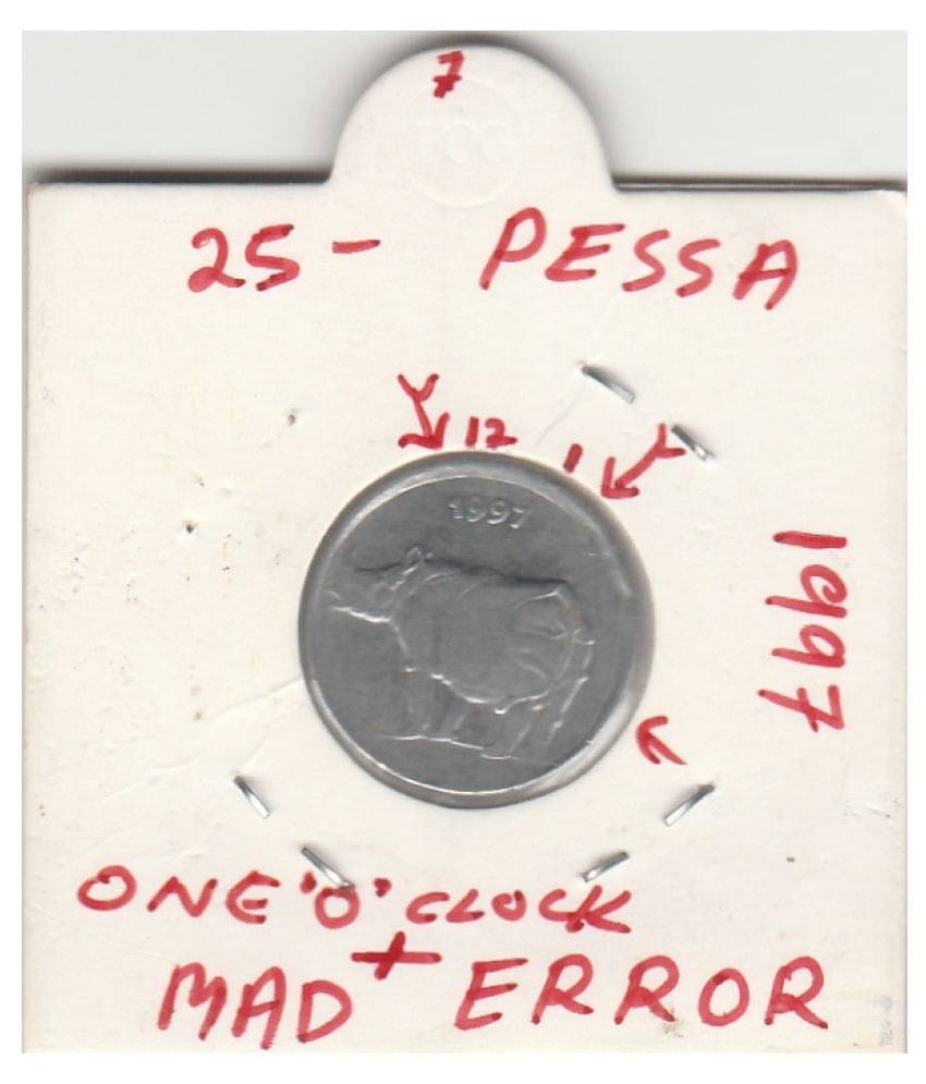 NUMISMATECALLY RARE AND COLLECTIBLE TWENTY FIVE PESSA STEEL C01N MAD ERROR WITH ONE 'O'CLOCK TWO IN ONE ERROR ,DIE ROTATION YEAR-1997 IN EXTRA FINE HIGHLY COLLECTIBLE HIGH GRADE,WIGHT-2.85 GRAMS. NUMISMATECALLY RARE AND COLLECTIBLE TWENTY FIVE PESSA STEEL C01N MAD ERROR WITH ONE 'O'CLOCK TWO IN ONE ERROR ,DIE ROTATION YEAR-1997 IN EXTRA FINE HIGHLY COLLECTIBLE HIGH GRADE,WIGHT-2.85 GRAMS.