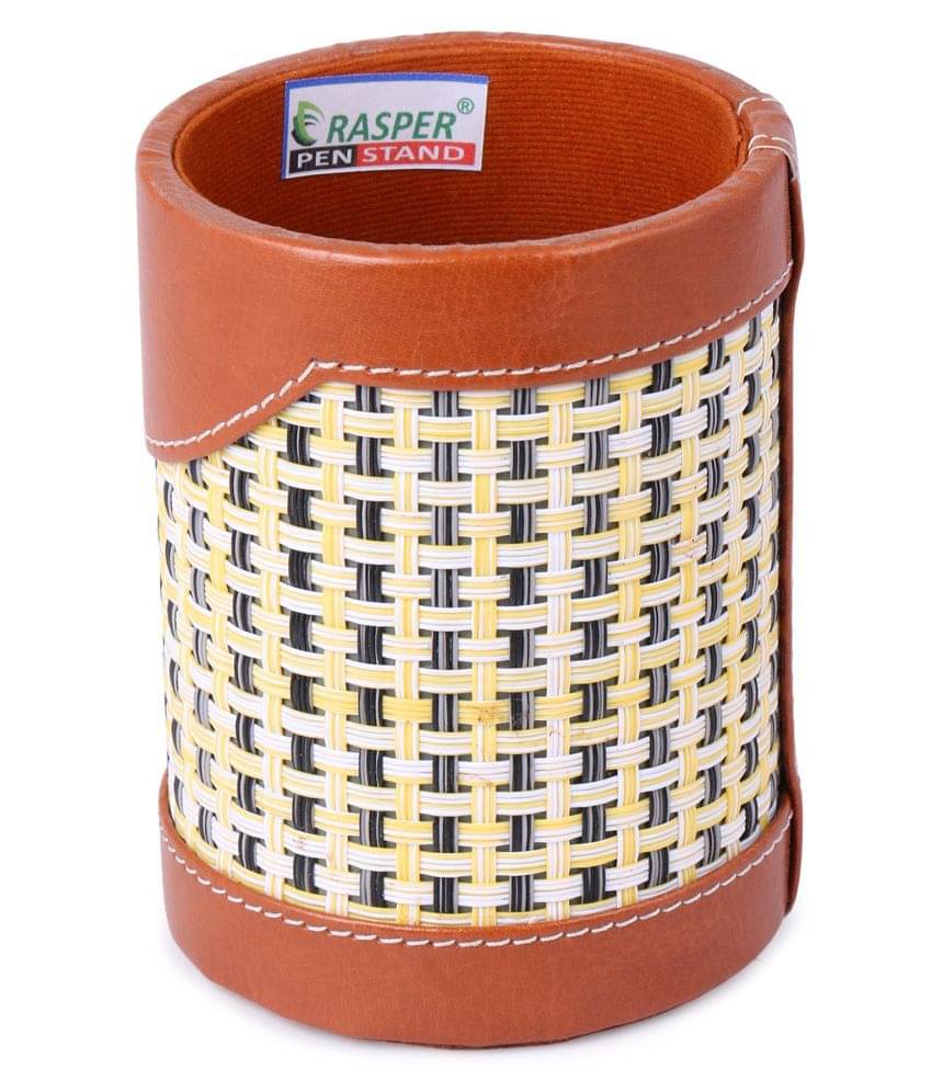 Rasper Brown Leather & Mat Pen Holder For Office Table Stylish Round...
