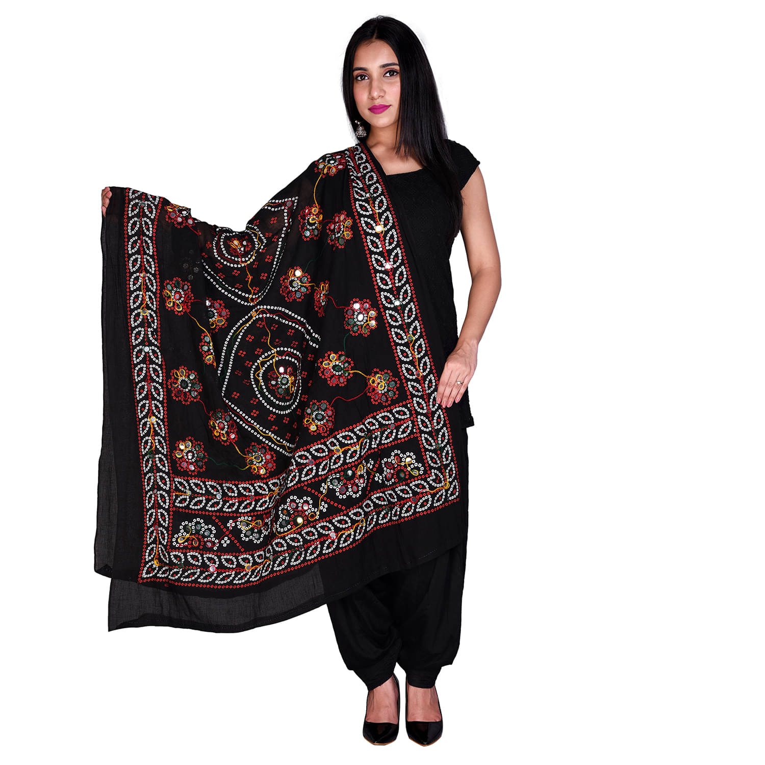     			Apratim Black Cotton Kutch Embroidered Dupatta - Single