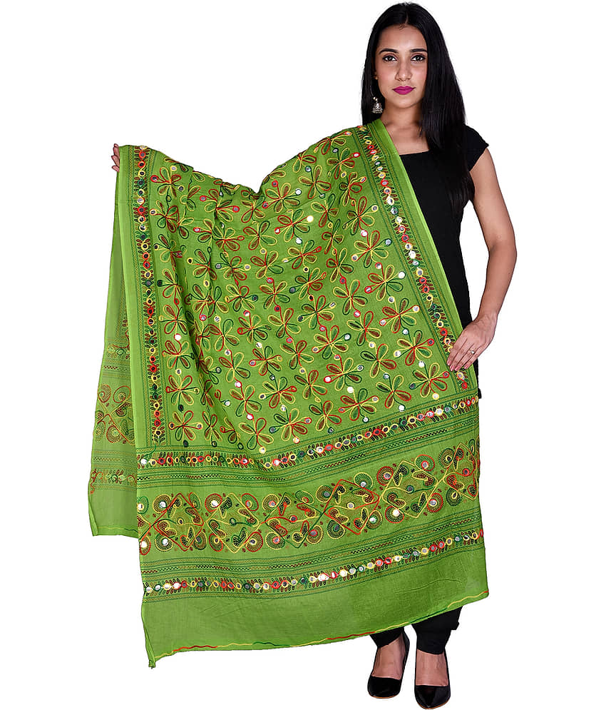 Apratim Green Cotton Kutch Embroidered Dupatta - Single - Dupattas & Shawls | Buy online on ZillyBuy