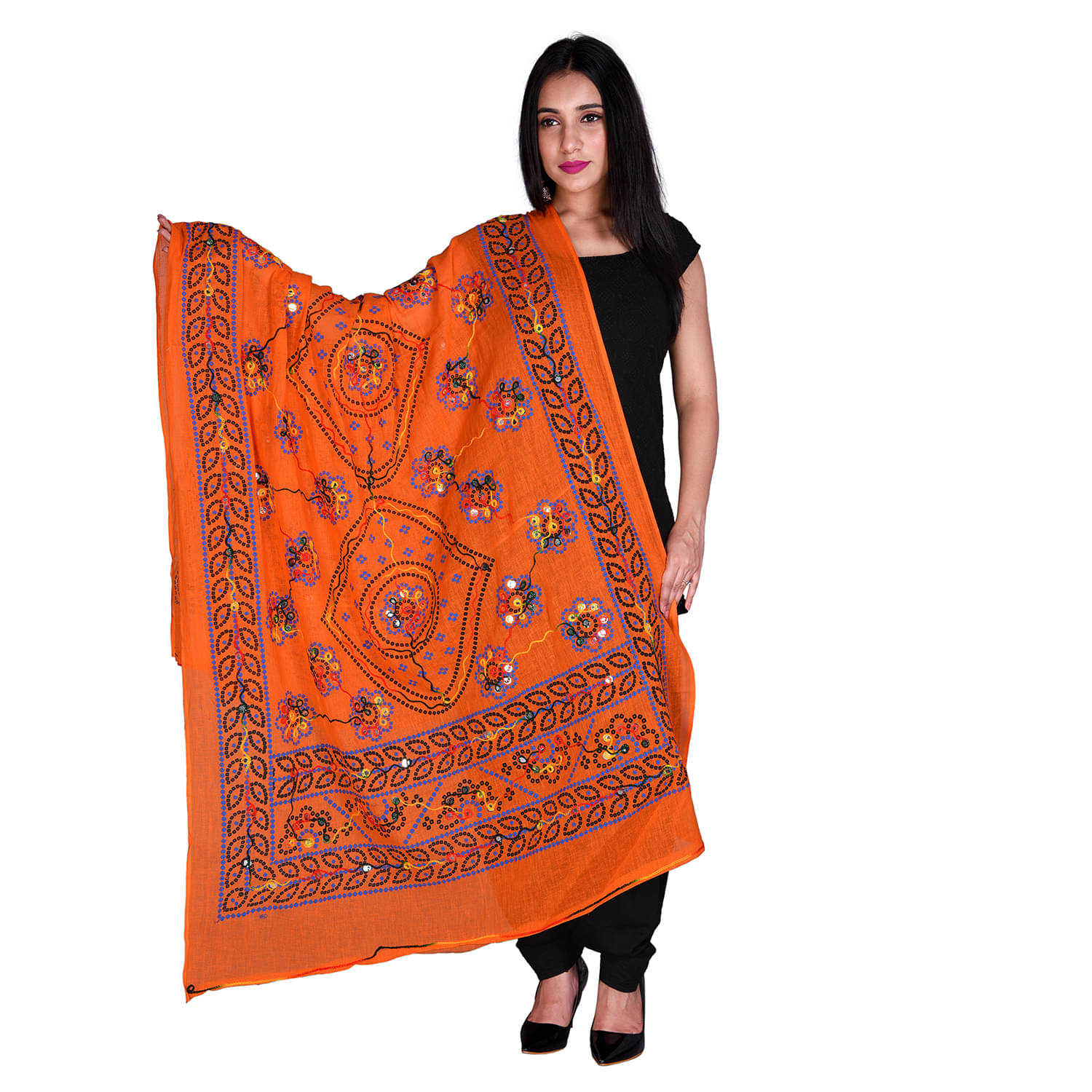     			Apratim Orange Cotton Kutch Embroidered Dupatta - Single