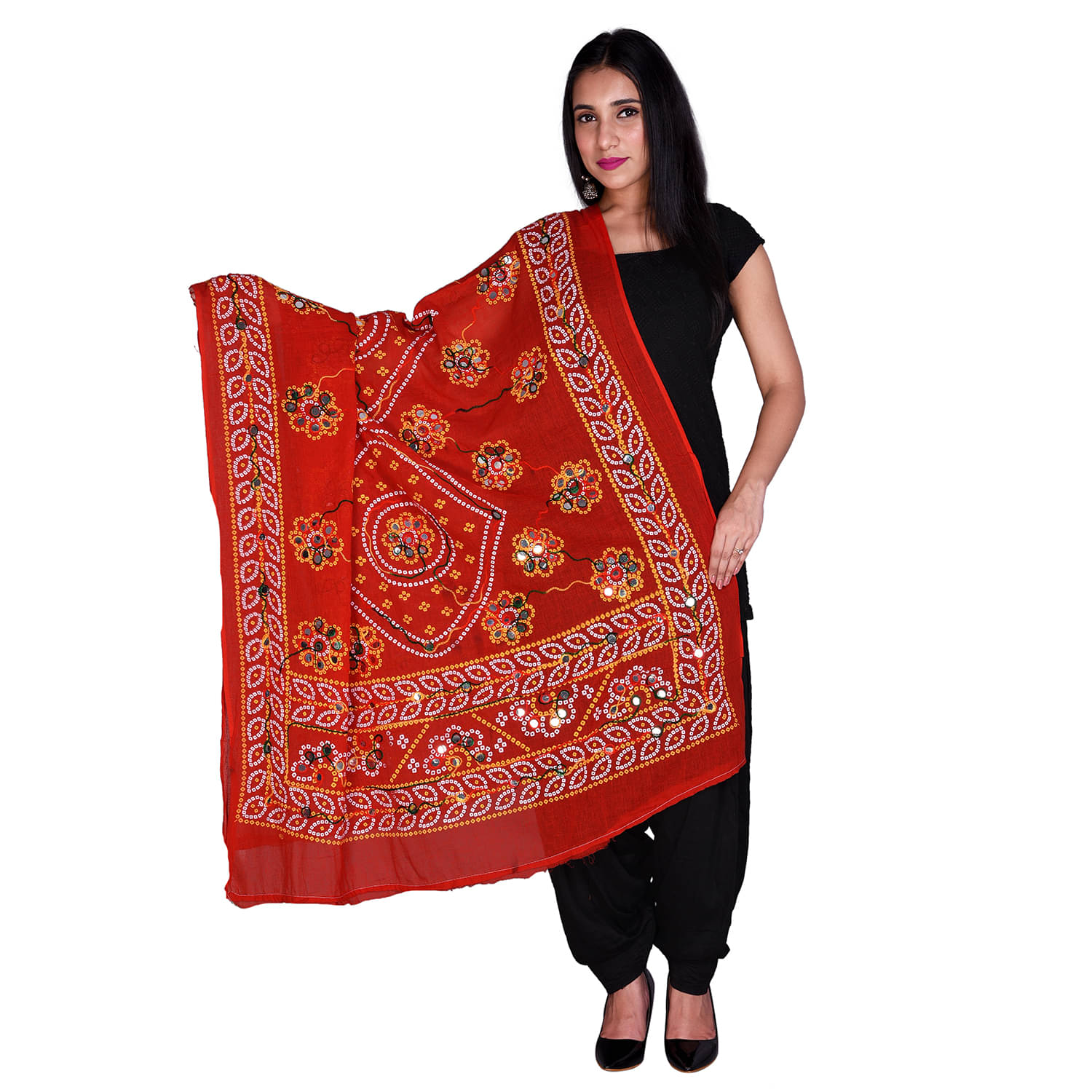     			Apratim Red Cotton Kutch Embroidered Dupatta - Single