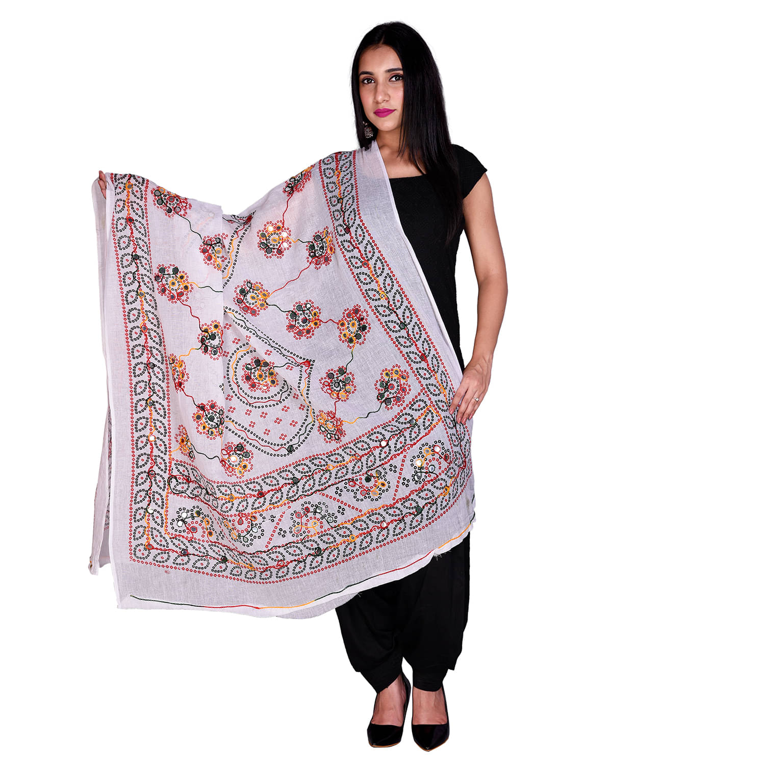 Apratim White Cotton Kutch Embroidered Dupatta - Single     			Apratim White Cotton Kutch Embroidered Dupatta - Single