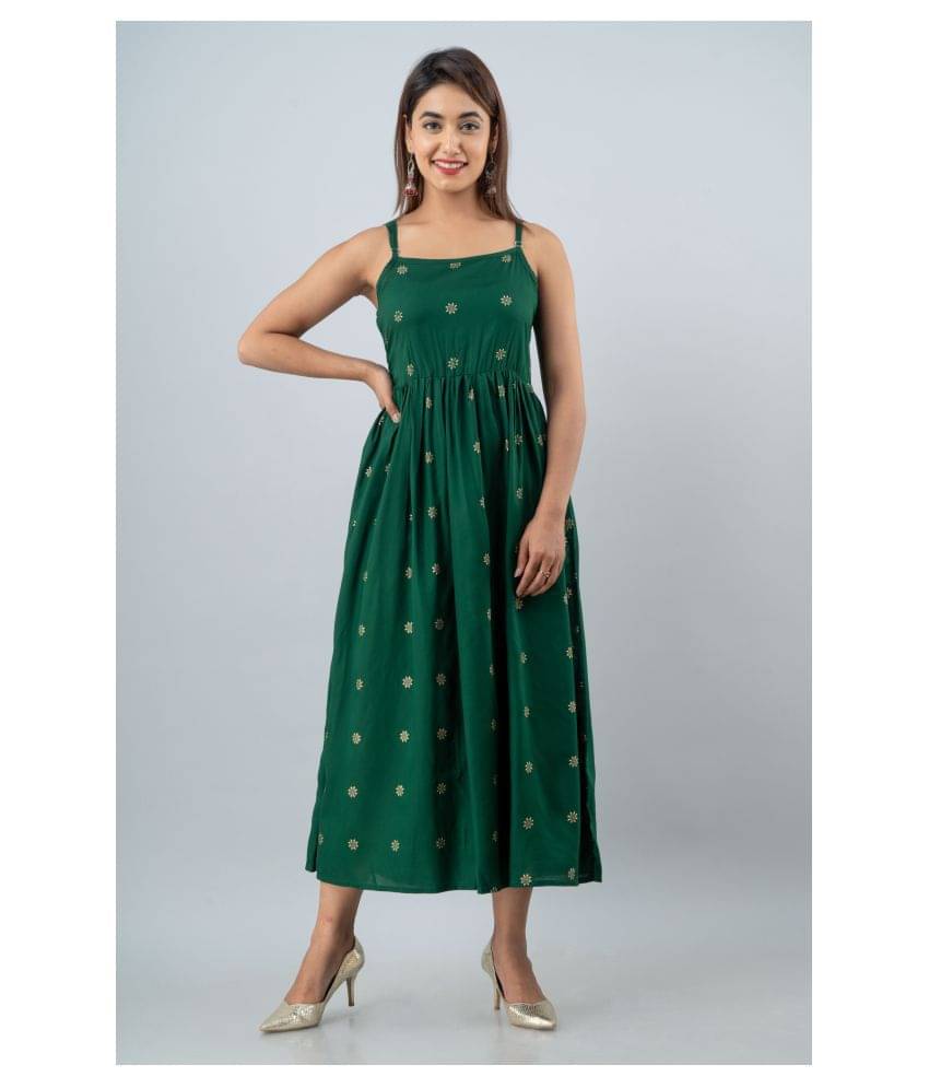 FABRR Women Rayon Printed Fit & Flare Dress ( Green )     			FABRR Women Rayon Printed Fit & Flare Dress ( Green )