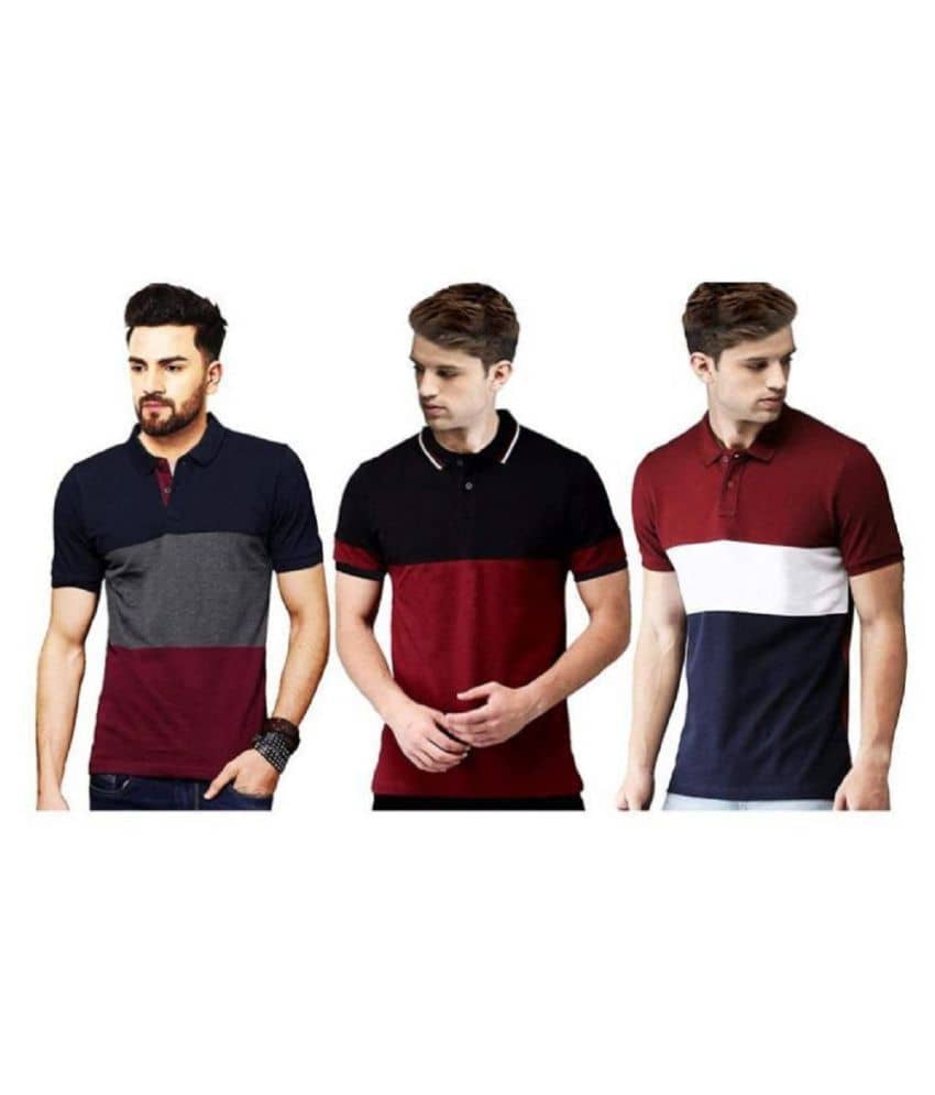 Leotude Pack of 3 Cotton Blend Regular Fit Colorblock Half Sleeves Men's Polo T Shirt ( Red )