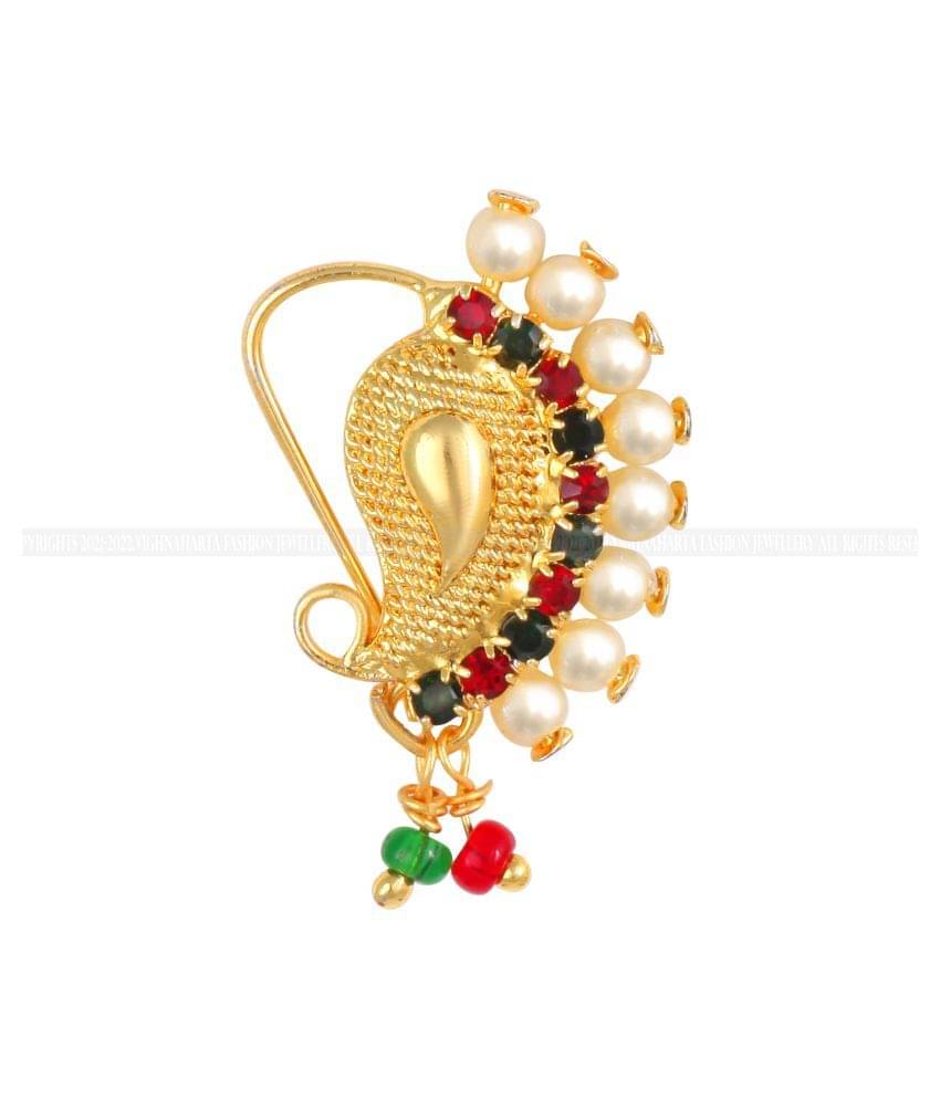 Vighnaharta Gold Plated Mayur Design with Pearls and AD Stone Alloy Maharashtrian Nath Nathiya./ Nose Pin for women VFJ1020NTH-TAR Vighnaharta Gold Plated Mayur Design with Pearls and AD Stone Alloy Maharashtrian Nath Nathiya./ Nose Pin for women VFJ1020NTH-TAR