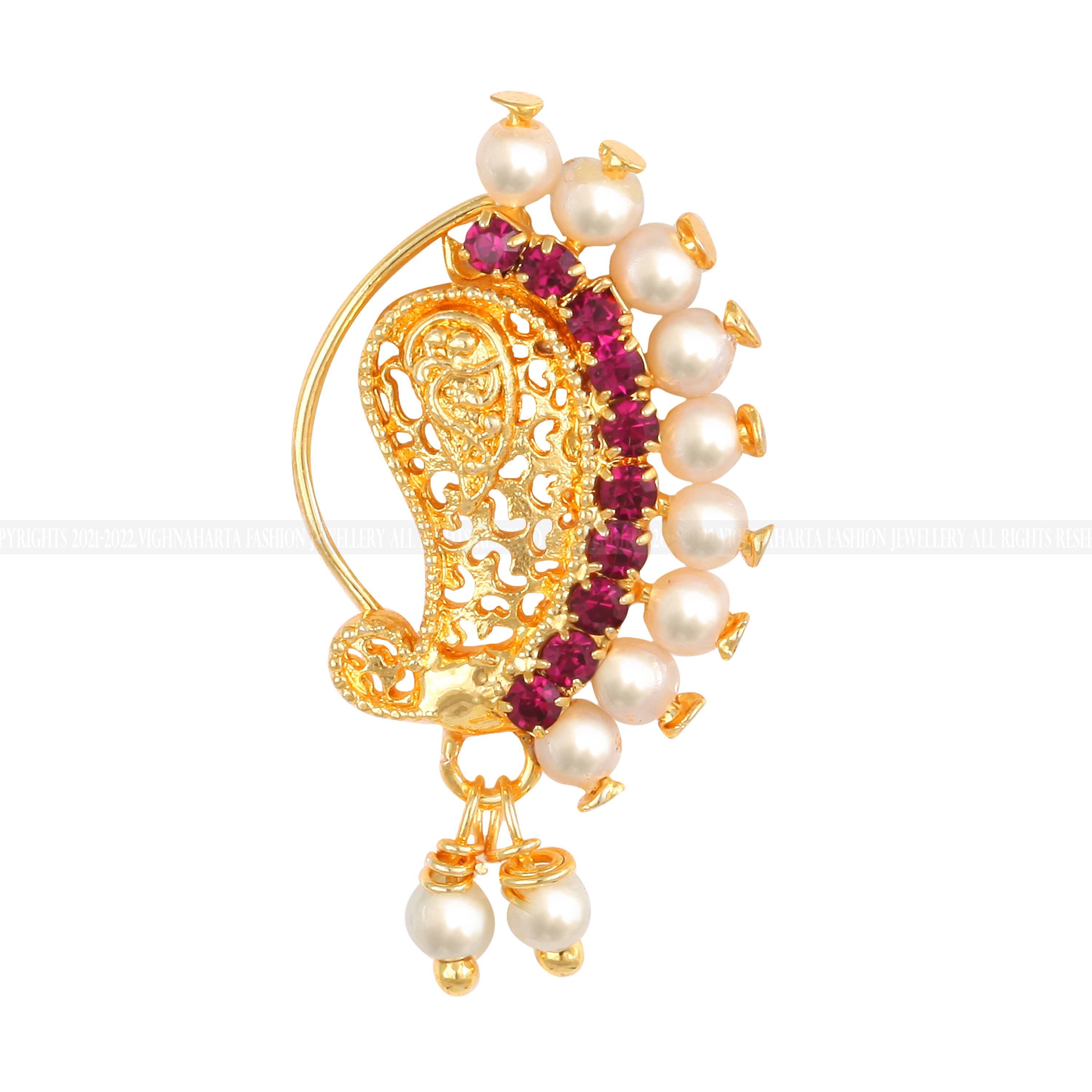 Vighnaharta Gold Plated Mayur Design with Pearls and AD stone Alloy Maharashtrian banu Nath Nathiya./ Nose Pin for women VFJ1017NTH-Press Vighnaharta Gold Plated Mayur Design with Pearls and AD stone Alloy Maharashtrian banu Nath Nathiya./ Nose Pin for women VFJ1017NTH-Press