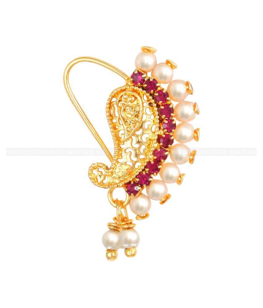 Vighnaharta Gold Plated Mayur Design with Pearls and AD stone Alloy Maharashtrian banu Nath Nathiya./ Nose Pin for women VFJ1017NTH-TAR Vighnaharta Gold Plated Mayur Design with Pearls and AD stone Alloy Maharashtrian banu Nath Nathiya./ Nose Pin for women VFJ1017NTH-TAR