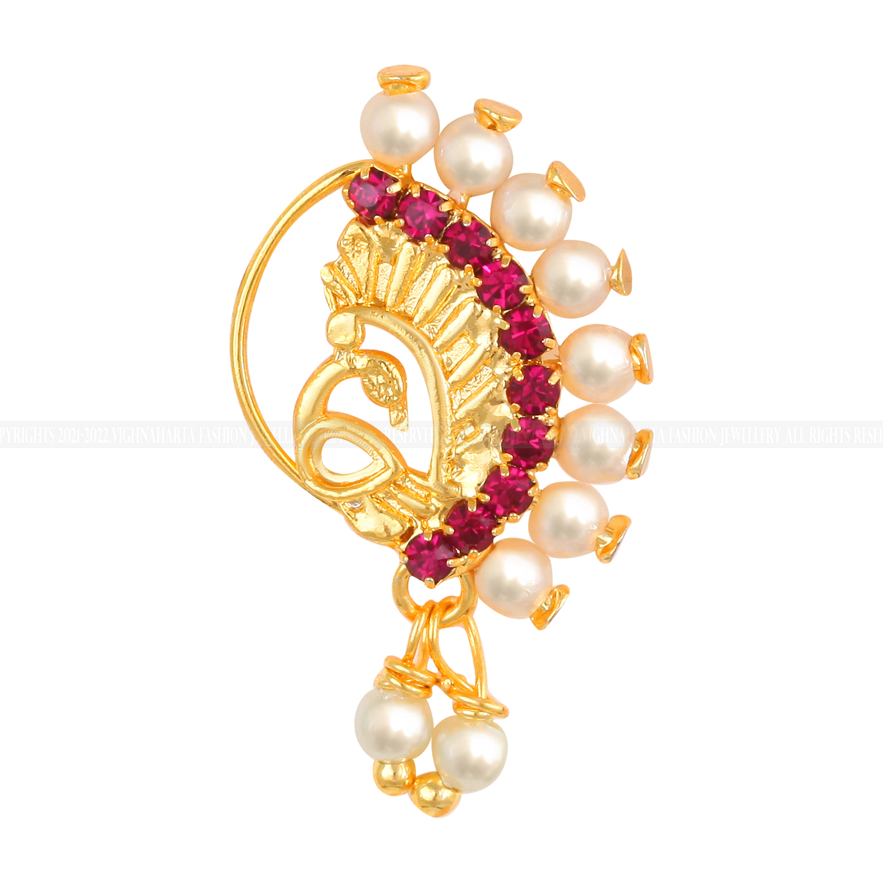 Vighnaharta Gold Plated Mayur Design Red Stone with Pearls and AD Stone Alloy Maharashtrian Nath Nathiya./ Nose Pin for women VFJ1018NTH-Press Vighnaharta Gold Plated Mayur Design Red Stone with Pearls and AD Stone Alloy Maharashtrian Nath Nathiya./ Nose Pin for women VFJ1018NTH-Press