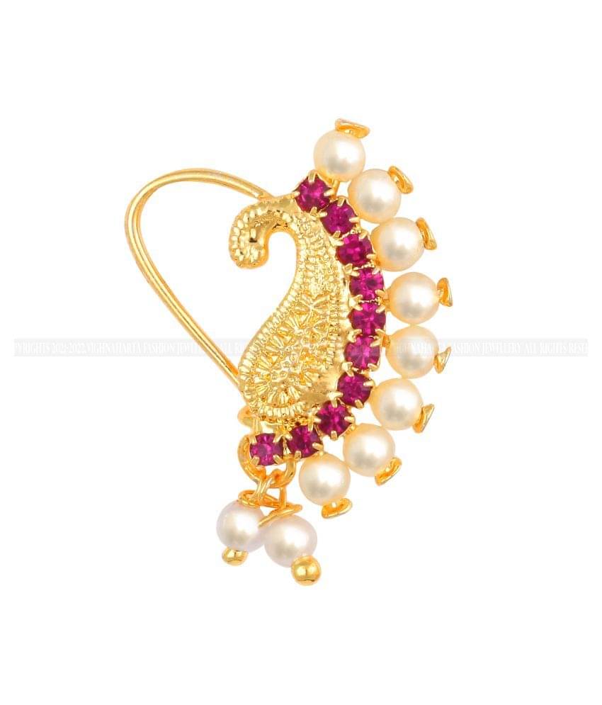 Vighnaharta Gold Plated Mayur Design with Pearls and AD stone Alloy Maharashtrian Nath Nathiya./ Nose Pin for women VFJ1015NTH-TAR     			Vighnaharta Gold Plated Mayur Design with Pearls and AD stone Alloy Maharashtrian Nath Nathiya./ Nose Pin for women VFJ1015NTH-TAR
