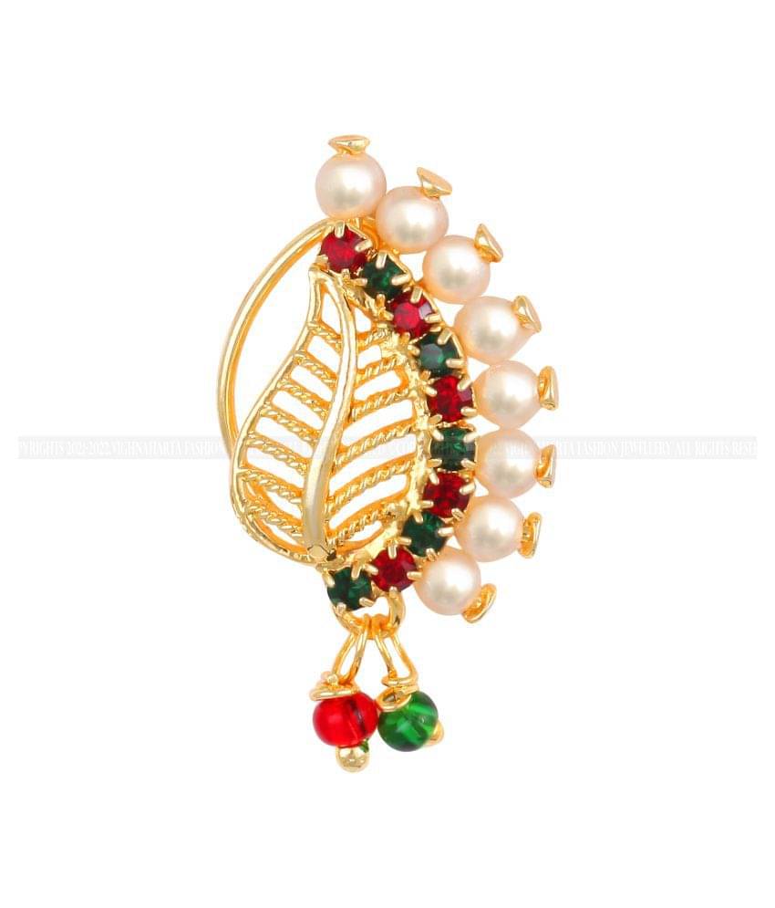 Vighnaharta Gold Plated Mayur design with Pearls AD Stone Alloy Maharashtrian Nath Nathiya./ Nose Pin for women VFJ1016NTH-Press     			Vighnaharta Gold Plated Mayur design with Pearls AD Stone Alloy Maharashtrian Nath Nathiya./ Nose Pin for women VFJ1016NTH-Press