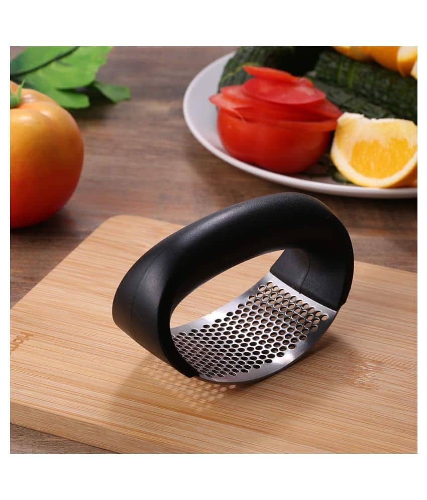 kamaly Garlic Press Garlic Peeler Stainless Steel Mincer Gadget Anti Slip Silicone Handles for Best Grip