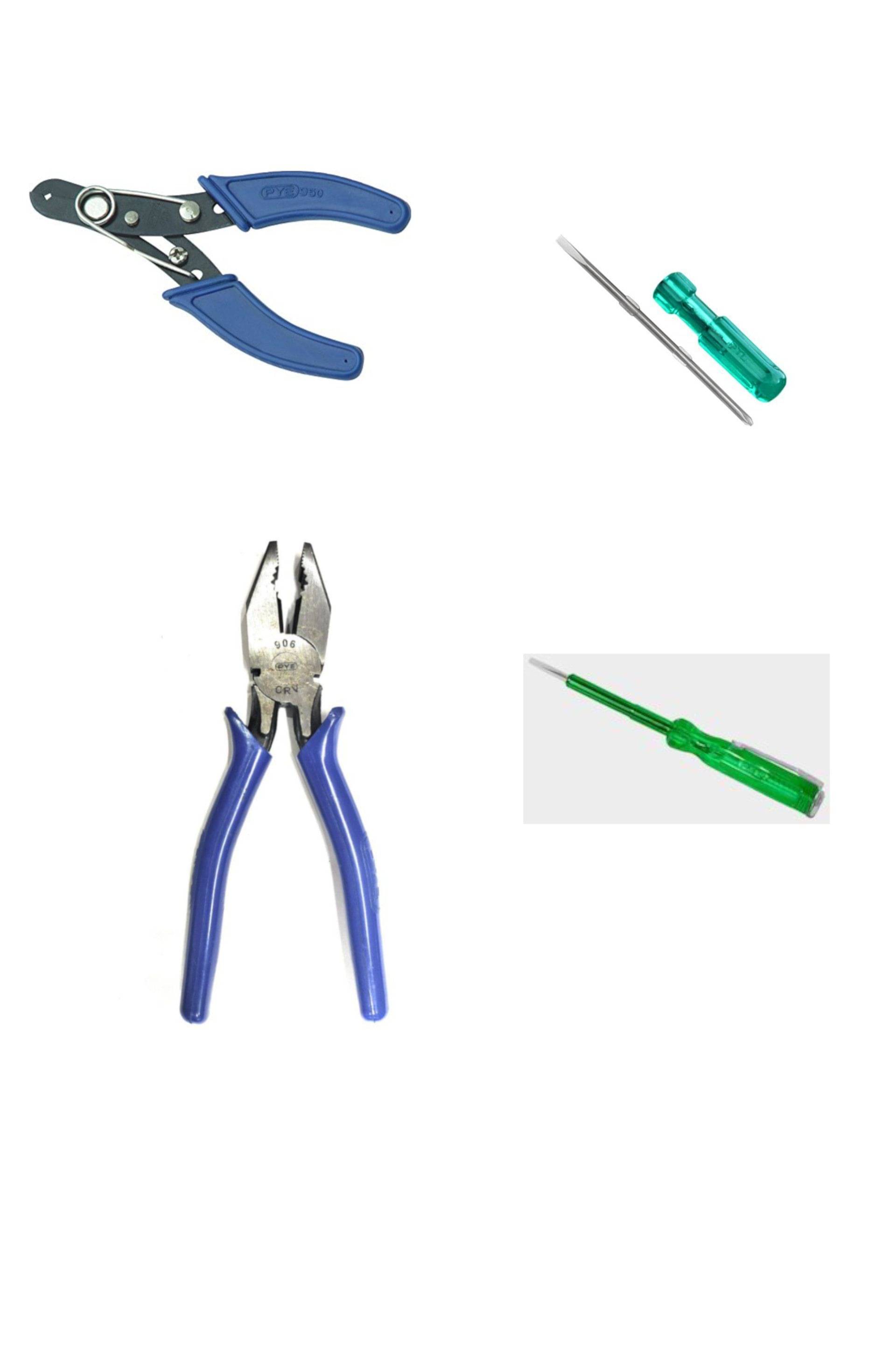     			PYE Set of 4 hand tool Combo( Pliers 155 mm/2in1 Screw Driver/Wire Stripper and Cutter 130 mm/Neon Bulb Tester)