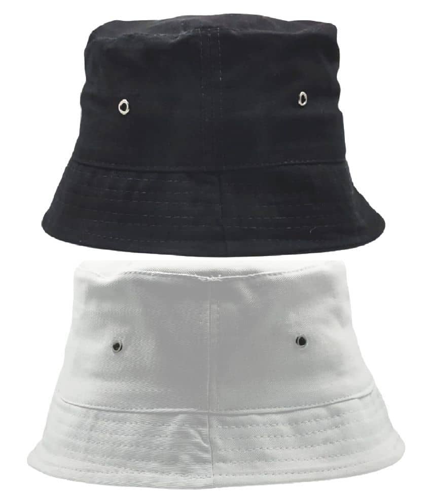 Unisex Cotton Fishermen Bucket Cap Hat (Black,White) Pack of 2