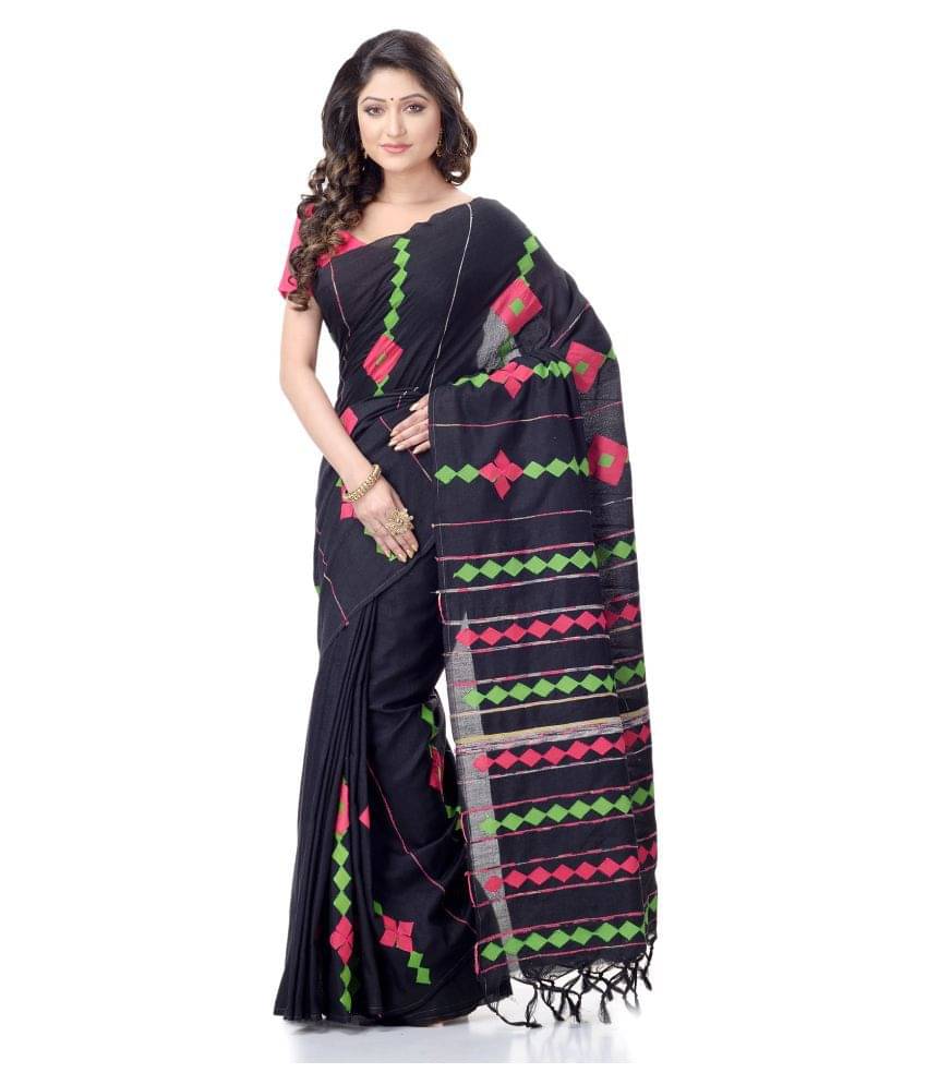Desh Bidesh Cotton Self Design Saree With Unstitched Blouse Piece ( Black ) Desh Bidesh Cotton Self Design Saree With Unstitched Blouse Piece ( Black )
