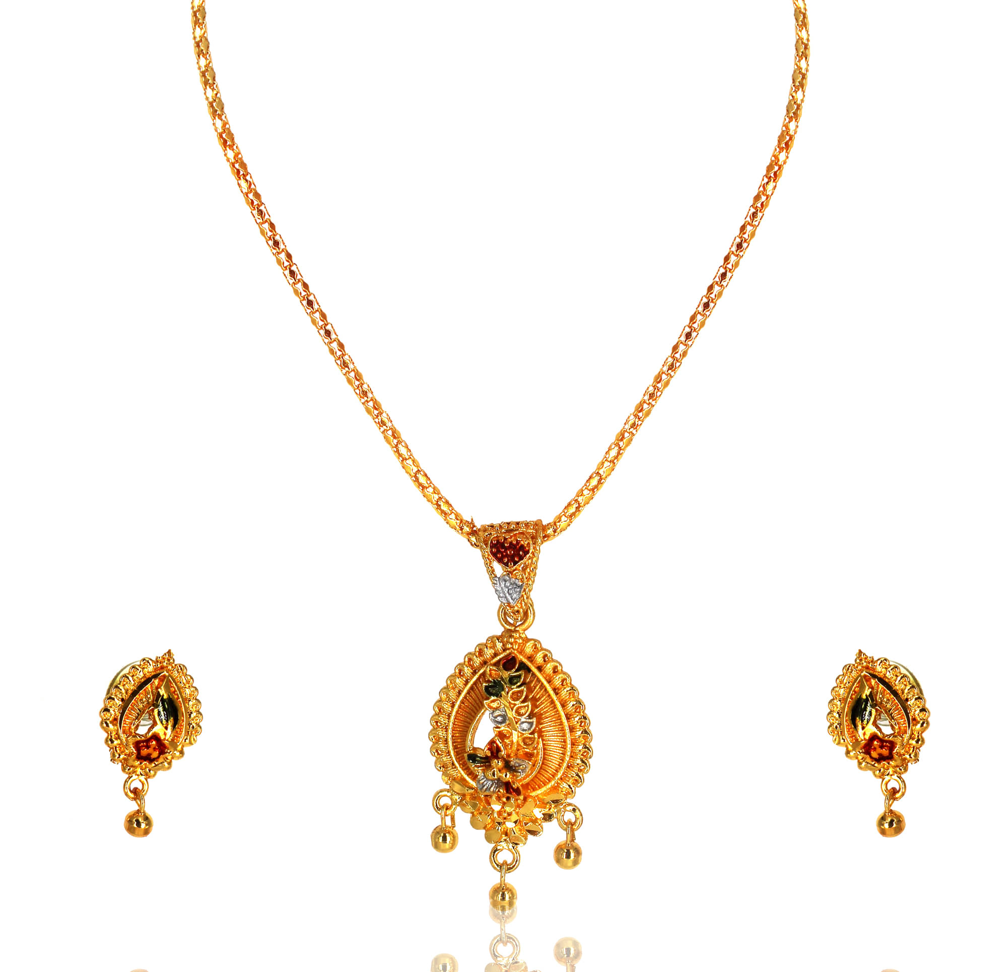     			SHANKHRAJ MALL NON ADJUSTABLE GOLD PLATED MEENA KARI PENDANT SET WITH 18"INCH CHAIN AND EYERINGS-100408