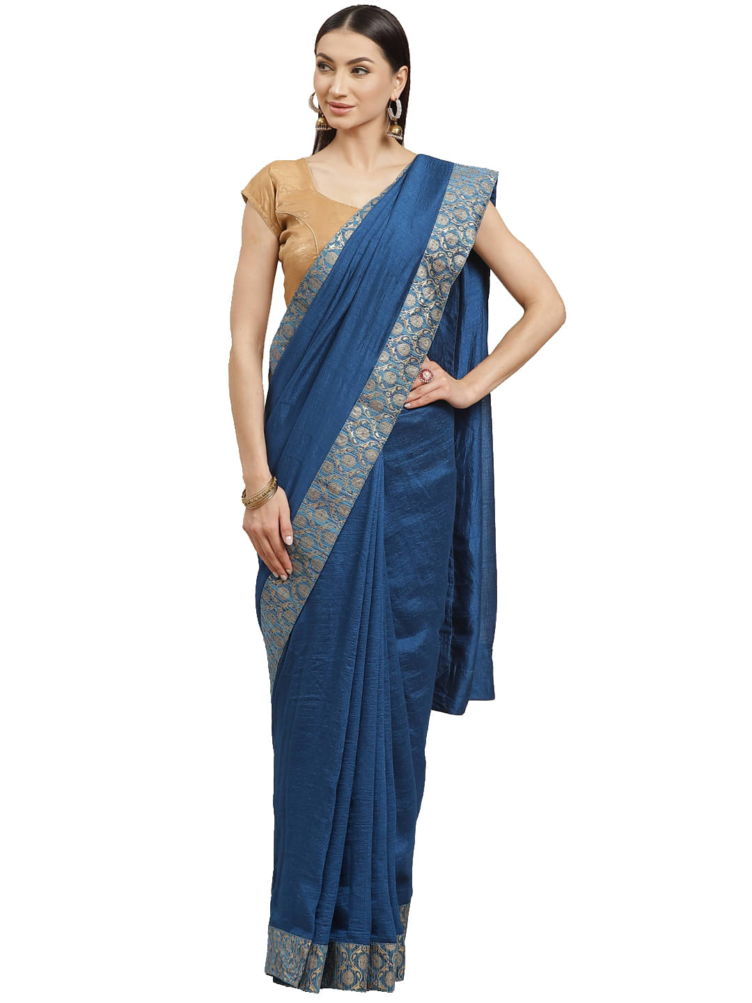 Shaily Retails Silk Blend Solid Saree With Unstitched Blouse Piece ( Blue ) Shaily Retails Silk Blend Solid Saree With Unstitched Blouse Piece ( Blue )