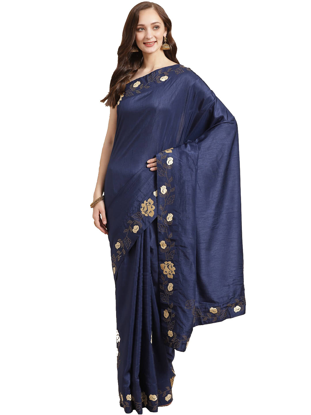     			Shaily Retails Silk Blend Embellished Saree With Unstitched Blouse Piece ( Blue )