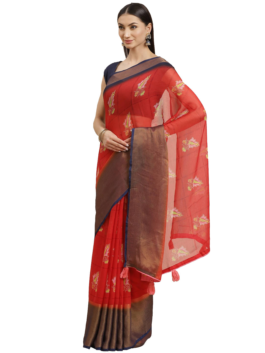 Shaily Retails Georgette Embellished Saree With Unstitched Blouse Piece ( Red ) Shaily Retails Georgette Embellished Saree With Unstitched Blouse Piece ( Red )