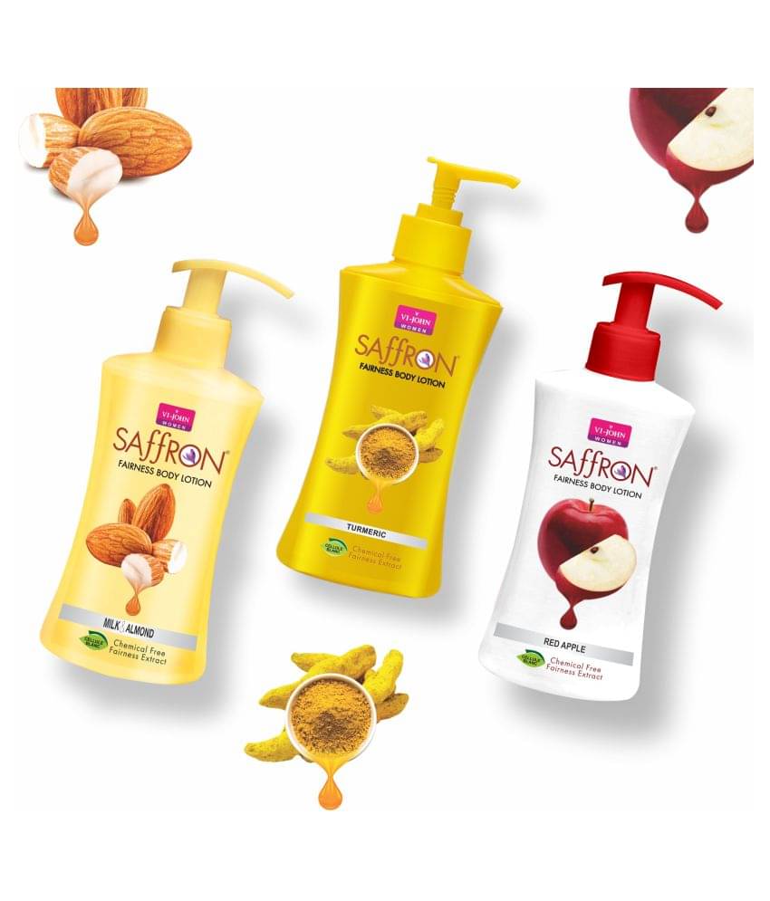 VI-JOHN Saffron Fairness Body Lotion Turmeric , Red Apple & Milk & Almond 250ml Pack of 3 VI-JOHN Saffron Fairness Body Lotion Turmeric , Red Apple & Milk & Almond 250ml Pack of 3