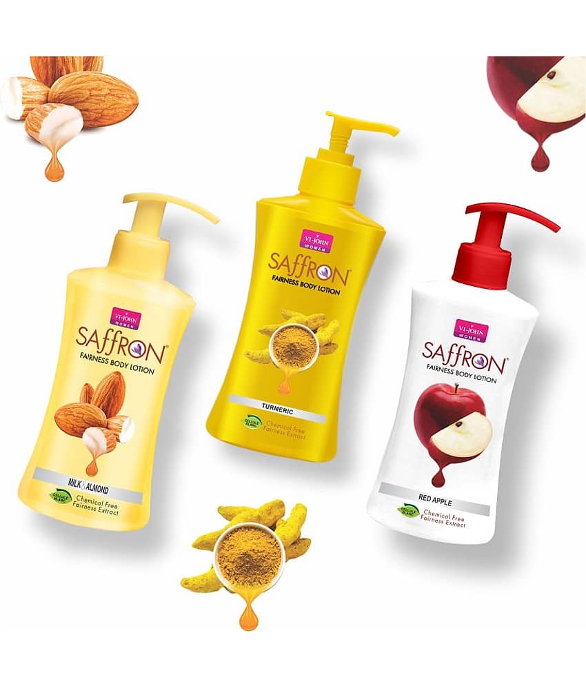 VI-JOHN Saffron Fairness Body Lotion Turmeric , Red Apple & Milk & Almond 250ml Pack of 3