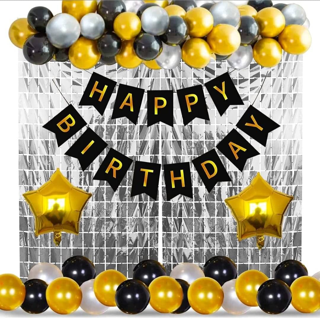     			Happy Birthday Decorations Kit combo Package include  black happy birthday banner 13 LETTER, 15pcs golden metallic, 15pcs black metallic, 2pcs golden star foil.SET OF 45 PCS