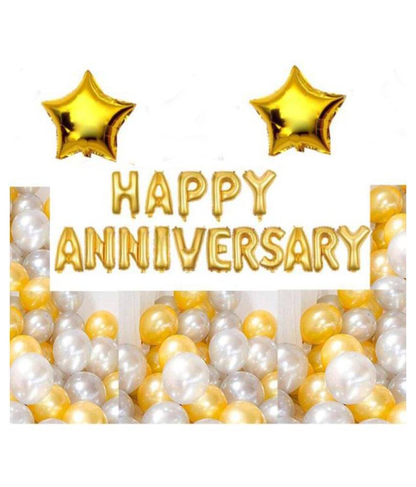     			Kiran Enterprises Happy Anniversary (16 Gold Foil Letters) + 2 Gold Star (10 inch) + 30 Metallic Balloons Combo (Silver , Gold)
