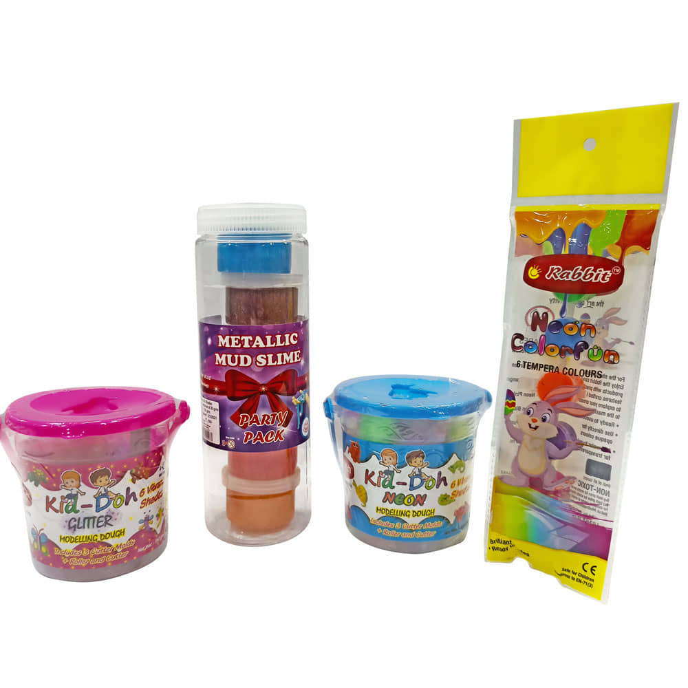 RABBIT'S Metallic Mud Slime Party Pack|+Kid Doh Neon & Glitter bucket|+Tempera Paints|6 Colorful Play Slime for Kids Boys Girls|Child Safe|Play Doh Slime for Kids|Combo includes Roller + Cutter|Age 3+