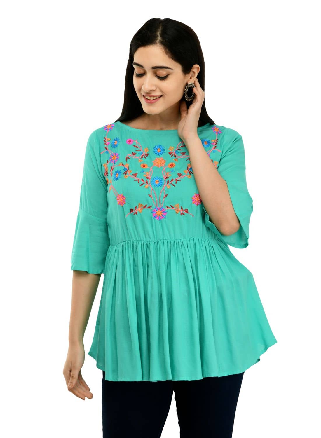 SAAKAA Women's Rayon Empire Top ( Turquoise )