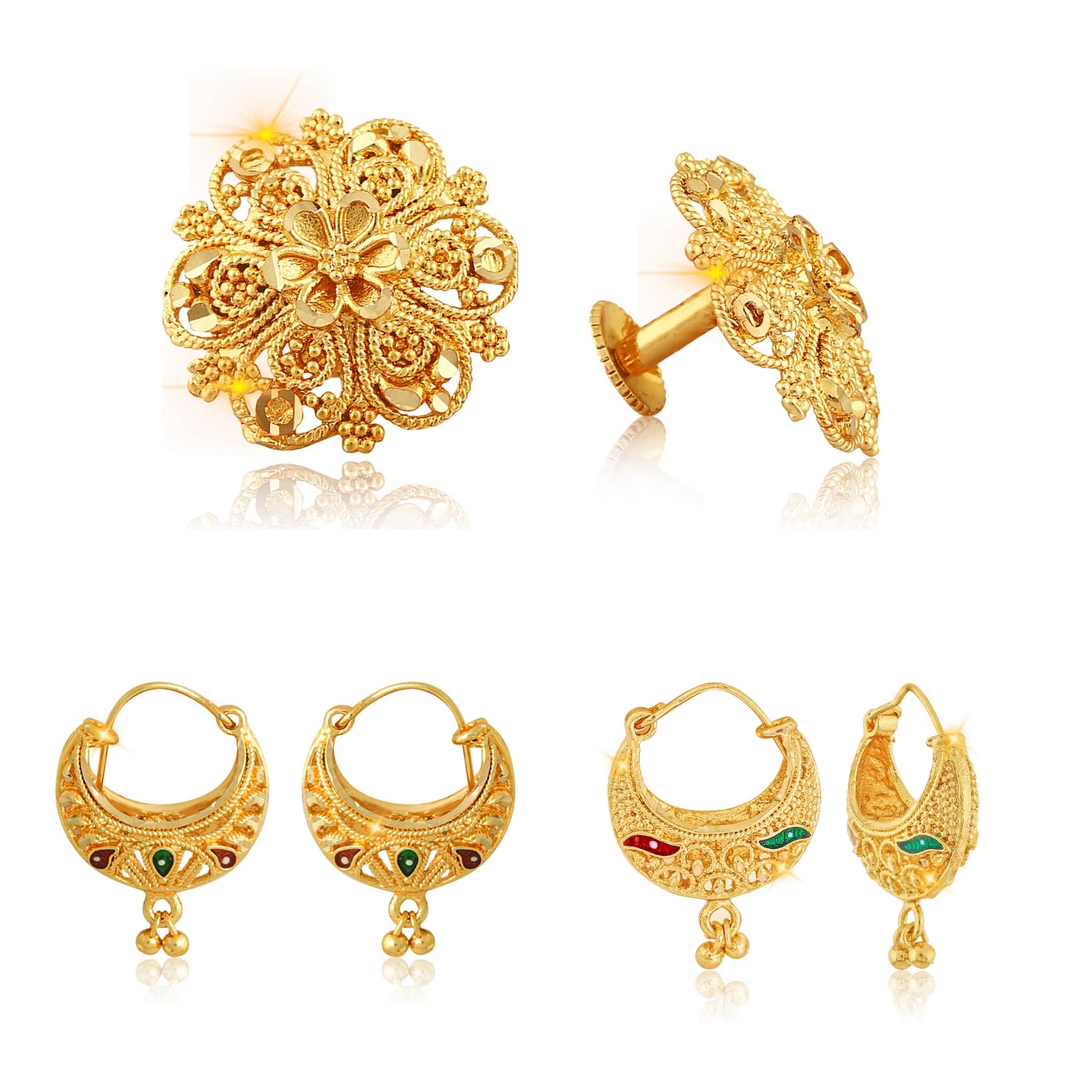 Vighnaharta Sizzling Graceful Alloy Gold Plated Stud and Chandbali Earring Combo set For Women and Girls  Pack of- 3 Pair Earrings- VFJ1086-1139-1181ERG     			Vighnaharta Sizzling Graceful Alloy Gold Plated Stud and Chandbali Earring Combo set For Women and Girls  Pack of- 3 Pair Earrings- VFJ1086-1139-1181ERG