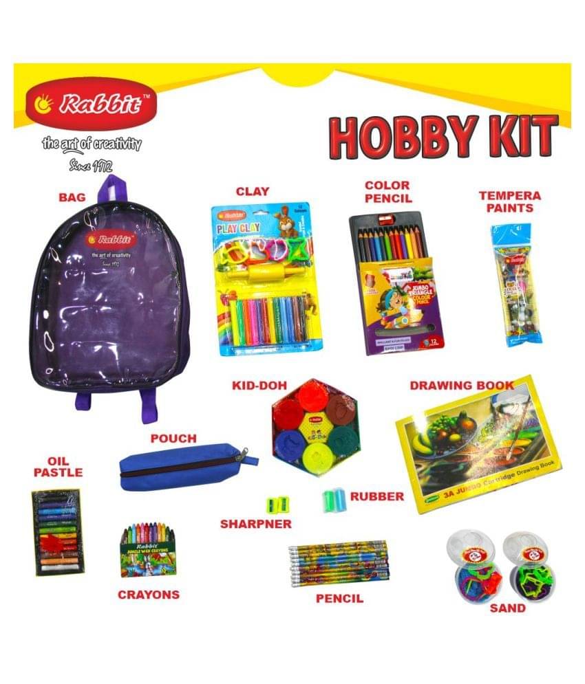     			RABBIT Hobby Kit Bag for Kids|Play Doh Clay|Art Kit|HOBBY Stationery for Kids|Art Drawing Kit|12 Color Oil Pastels Wax Colors Color Pencils|Celebration Kit|Play Sand for Kids|HOBBY Bag of assorted Stationery|Drawing Book|Art Craft Kit|For 3+ Age
