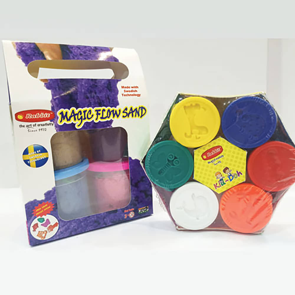 RABBIT'S Magic Flow Sand Gift Pack|+RABBIT Kid Doh Happy Pack|Play Doh Sand|Play Sand for Kids with 10+ Sand Toys|Play Sand for Children|Play Doh Set|Play Doh for Kids|Kinetic Sand With Moulds|Sand Clay with Shapes|Kids Playing Sand|Ideal age 3+|