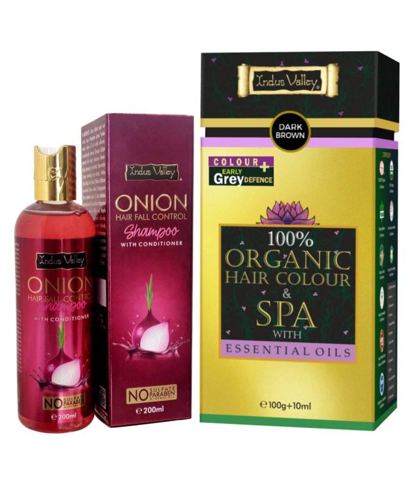 Indus Valley Onion Shampoo 200 Ml, Permanent Hair Color Dark Brown Organic Hair Color + Spa 110 g Pack of 2 Indus Valley Onion Shampoo 200 Ml, Permanent Hair Color Dark Brown Organic Hair Color + Spa 110 g Pack of 2