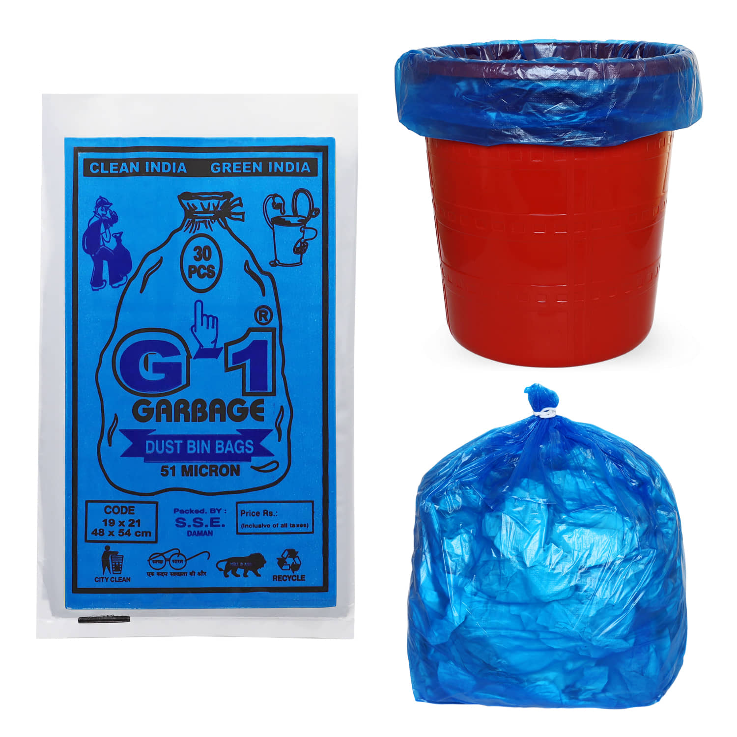 G1 - 2 Packs Medium Disposable Garbage Bags for Dry Waste (60 Pcs Blue)