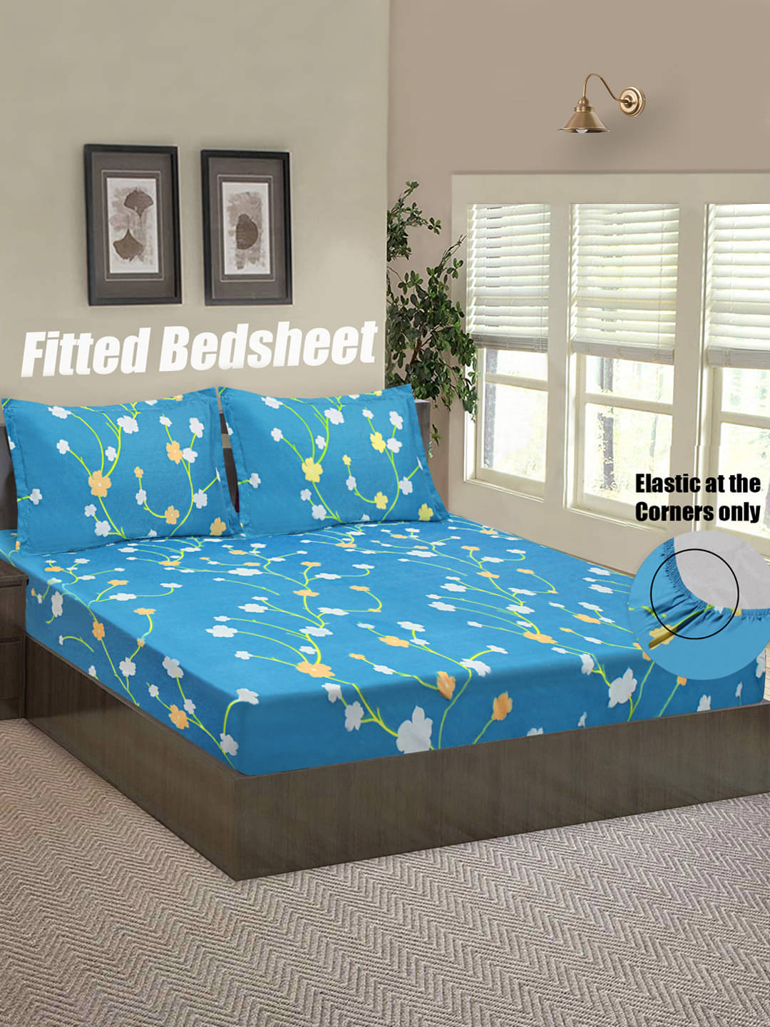     			Home Candy Microfibre Geometric Double Fitted Bedsheet with 2 Pillow Covers - Blue