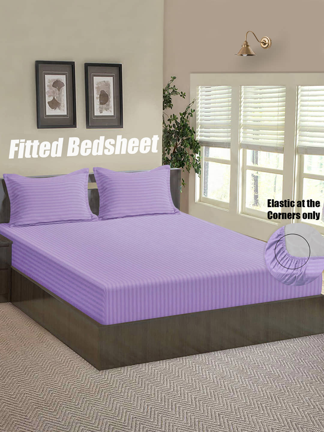 Home Candy Microfiber Vertical Striped Fitted Double Bedsheet with 2 Pillow Covers- Purple