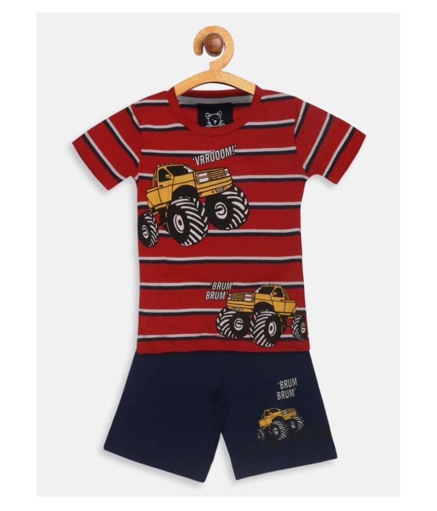     			Lazy Shark Pack of 1 Boys Cotton Blend T-Shirt & Shorts Set ( Red )