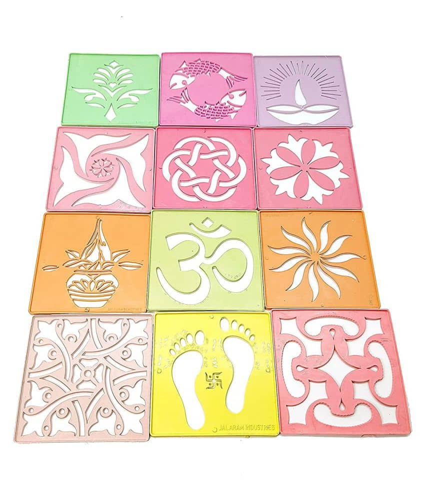 PRANSUNITA Ready to Draw Rangoli Making Plastic Stencils for Diwali, Pongal, Weddings Decorations –Size 4 x4 inch Square – Pack of 12 pcs - Heavy Duty Reusable Traditional Stencils - Stationery | Buy online on ZillyBuy