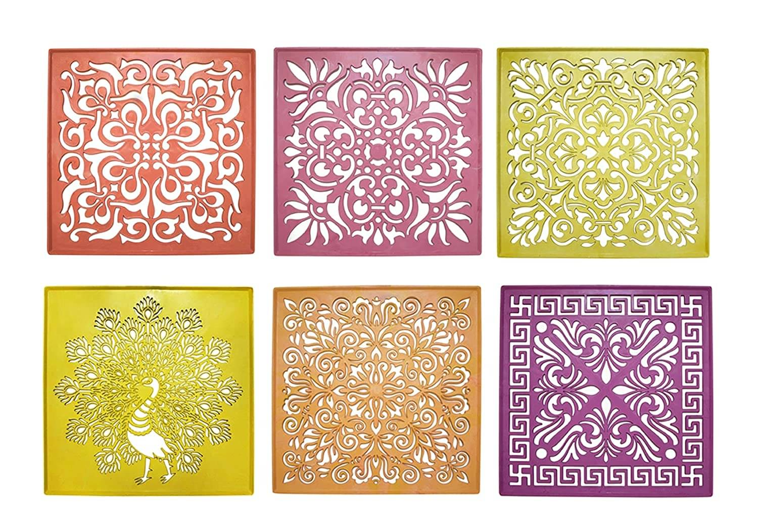     			PRANSUNITA Laser Cutted Rangoli Plastic Stencil Tools, Big Size 12 x 12 inch Square, Heavy Duty Reusable Traditional Stencils for Diwali, Pongal, Weddings Decorations, Pack of 6 Different Designs