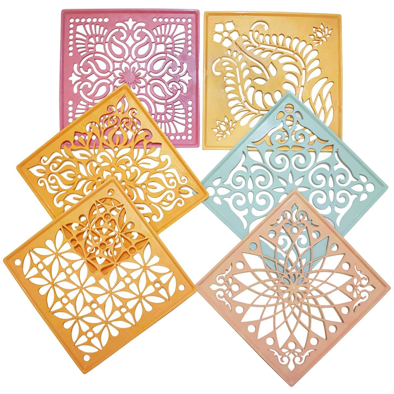     			PRANSUNITA Plastic Laser Cutted Rangoli Plastic Stencil Tools, Size 8 x 8-inch ( Pack of 6 )