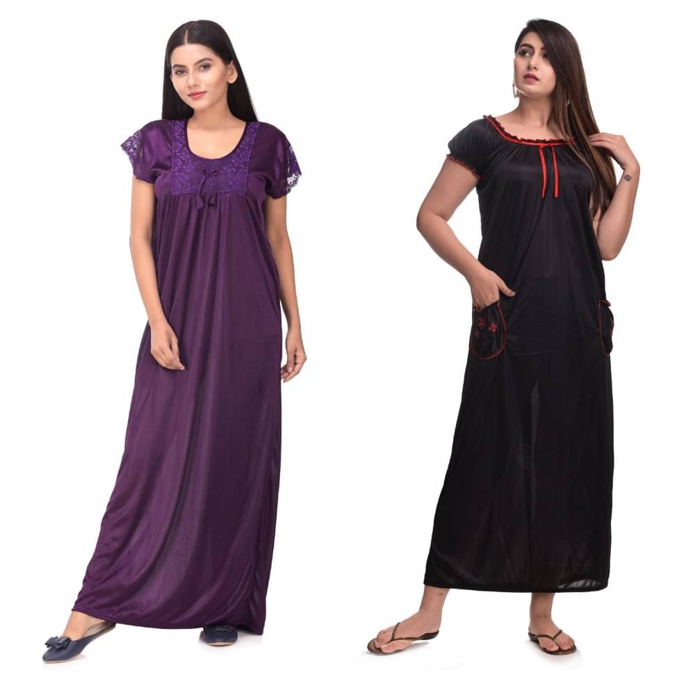 Raj Satin Nighty & Night Gowns - Multi Color Pack of 2     			Raj Satin Nighty & Night Gowns - Multi Color Pack of 2