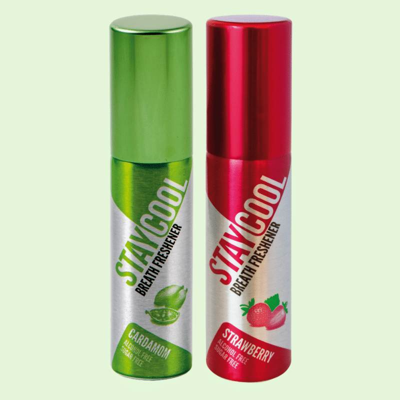 StayCool (1 SPICY + 1 FRUITY) Breath Freshener Spray Cardamom , Strawberry 40 mL Pack of 2 StayCool (1 SPICY + 1 FRUITY) Breath Freshener Spray Cardamom , Strawberry 40 mL Pack of 2
