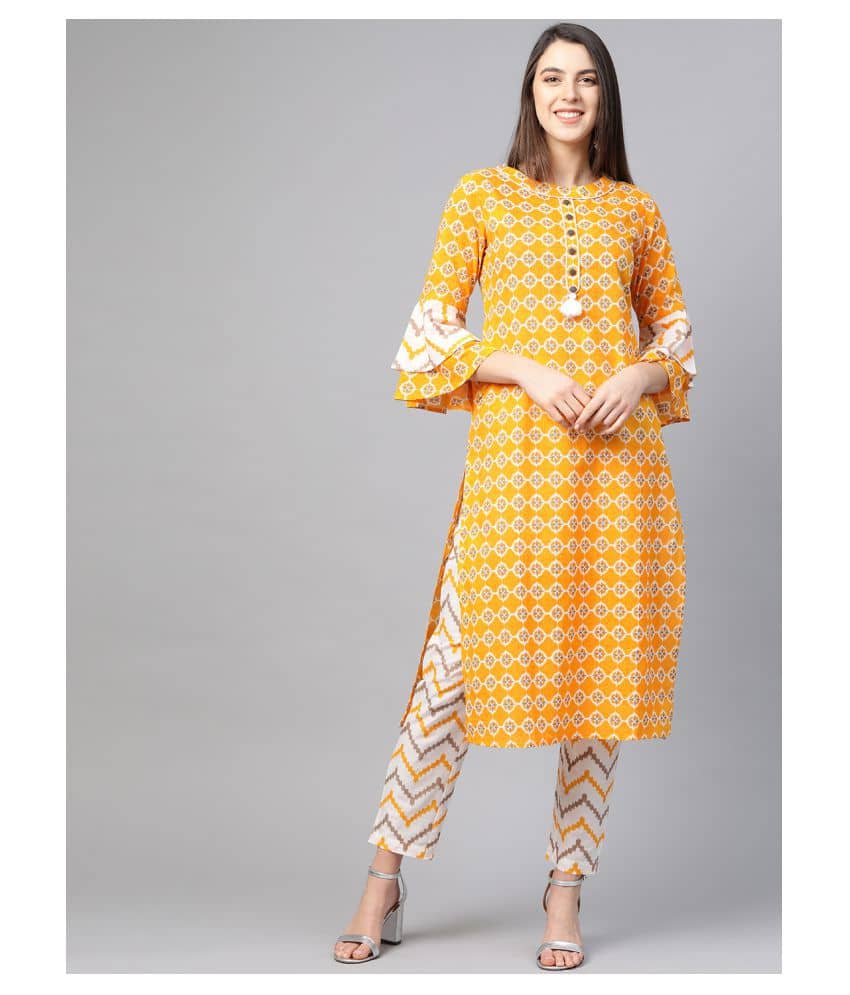 Yash Gallery Cotton Kurti With Pants Women's Stitched Salwar Suit - Yellow ( )