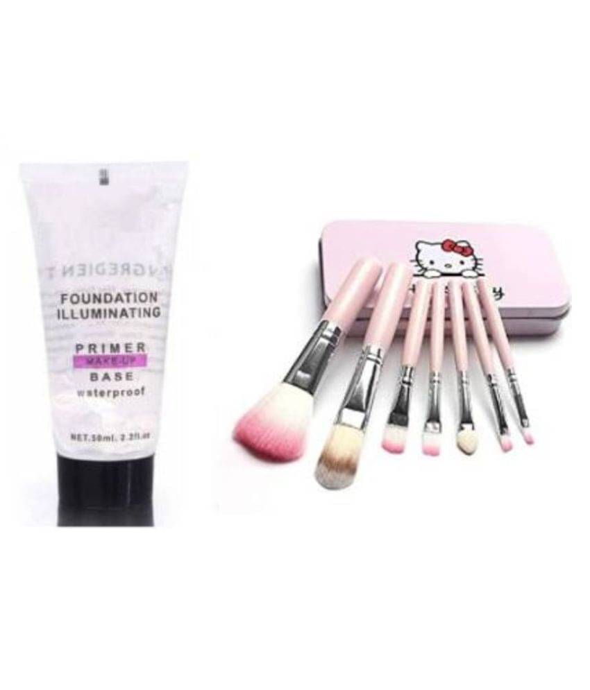     			BRUSHES NEW REVOLUTION ILLUMINATING WATER PROOF MAKEUP BASE PRIMER 35 ML AND Spanking Soft Makeup Brush Set (Pink) Pack of 7 Pieces